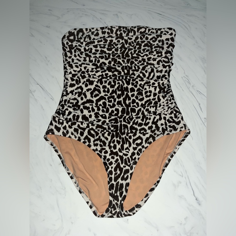 J Crew brown tan leopard print strapless swimsuit one piece 10 bathing suit